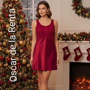 Oscar de la Renta Pink Labe Babydoll Red Slip Dress Elegant Lace detail M